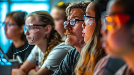 Obraz premium Students watching intently as professor conducts experiment..