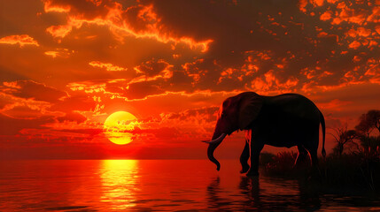 Fototapeta premium Magnificent African elephant silhouetted against a breathtaking orange and red sunset over a tranquil lake or watering hole on an African safari