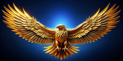 Majestic gold eagle with outstretched wings proudly displays a symbol-emblazoned shield on its chest against a bold, vibrant blue background, exuding power and freedom.