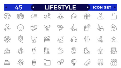 Lifestyle icon set. Containing healthy lifestyle, diet, exercise, sleep, relationships, running, routine, self-care, culture and hobbies icons. Outline icon collection.