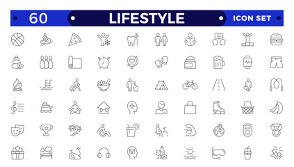 Lifestyle icon set. Containing healthy lifestyle, diet, exercise, sleep, relationships, running, routine, self-care, culture and hobbies icons. Outline icon collection.