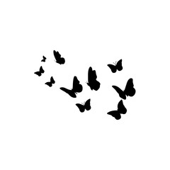 Flying butterflies silhouettes. Flock of butterflies on white background. Vector design element.