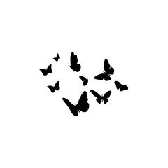 Flying butterflies silhouettes. Flock of butterflies on white background. Vector design element.