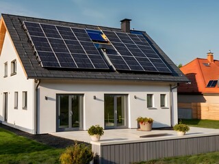 Fototapeta premium Close-up of a new suburban house with a photovoltaic system on the roof. Simple and modern environmentally friendly house with solar panels on the gable roof, with sunlight during the day