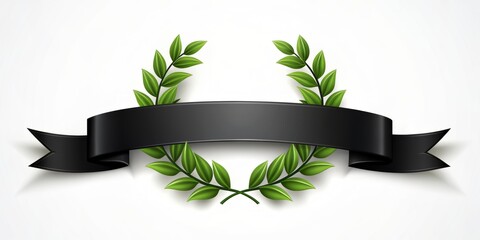 Elegant black ribbon banner adorned with a lush green laurel wreath on a crisp white background, conveying elegance, sophistication, and achievement.