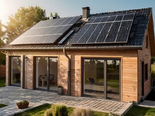 Fototapeta premium Close-up of a new suburban house with a photovoltaic system on the roof. Simple and modern environmentally friendly house with solar panels on the gable roof, with sunlight during the day