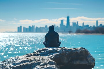 Person Sitting on Rock Overlooking Lakefront and Cityscape