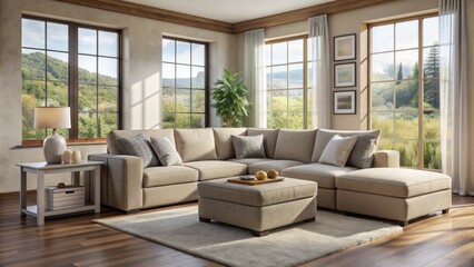 Fototapeta premium Cozy light-filled living room with plush sectional sofa, matching ottoman, and compact storage unit against a neutral-toned wall with large windows.