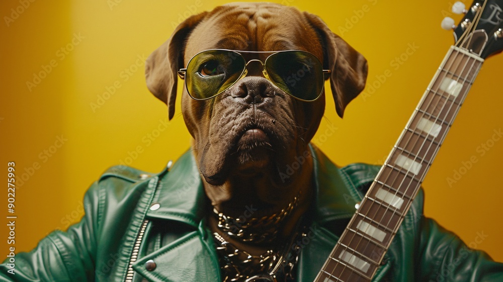 Poster dog playing a guitar while wearing a bright green leather jacket with stylish sunglasses ensuring th