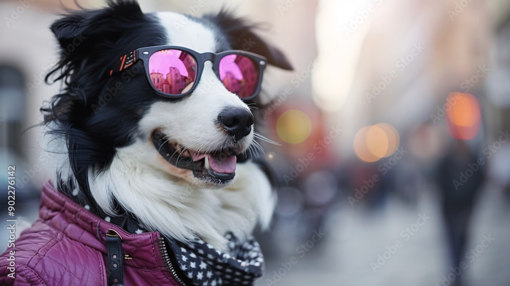 Poster smiling dog wearing a bright purple leather jacket and stylish sunglasses jumping energetically ensu