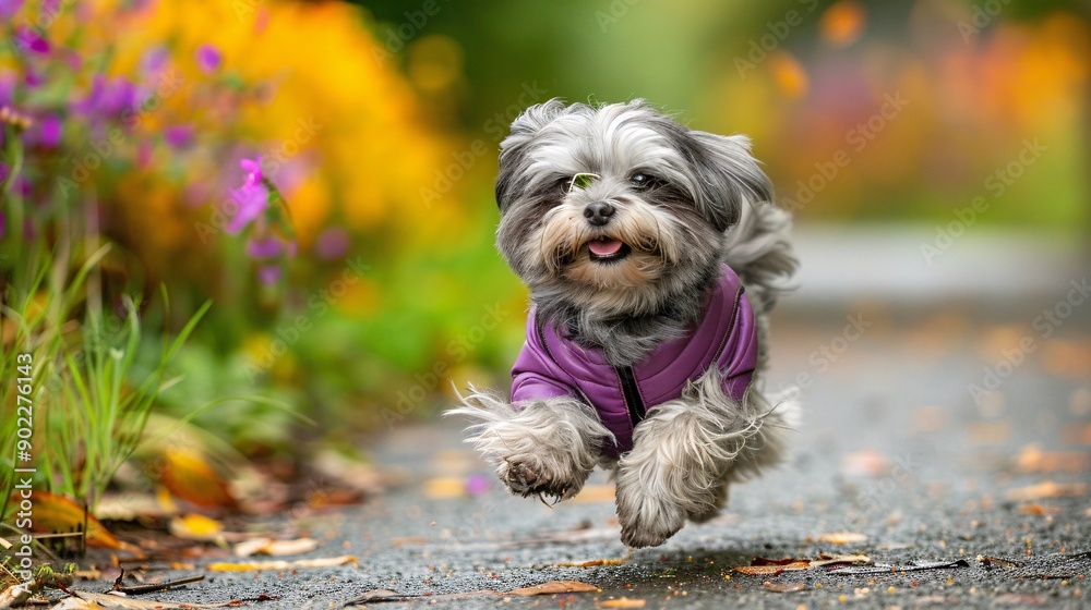 Poster smiling dog wearing a bright purple leather jacket and stylish sunglasses jumping energetically ensu