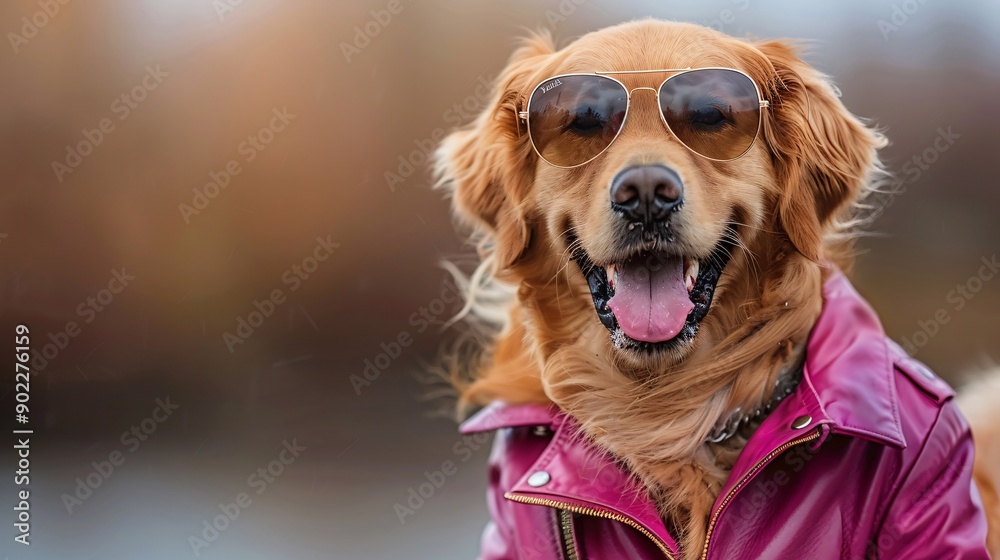 Poster smiling dog wearing a bright purple leather jacket and stylish sunglasses jumping energetically ensu
