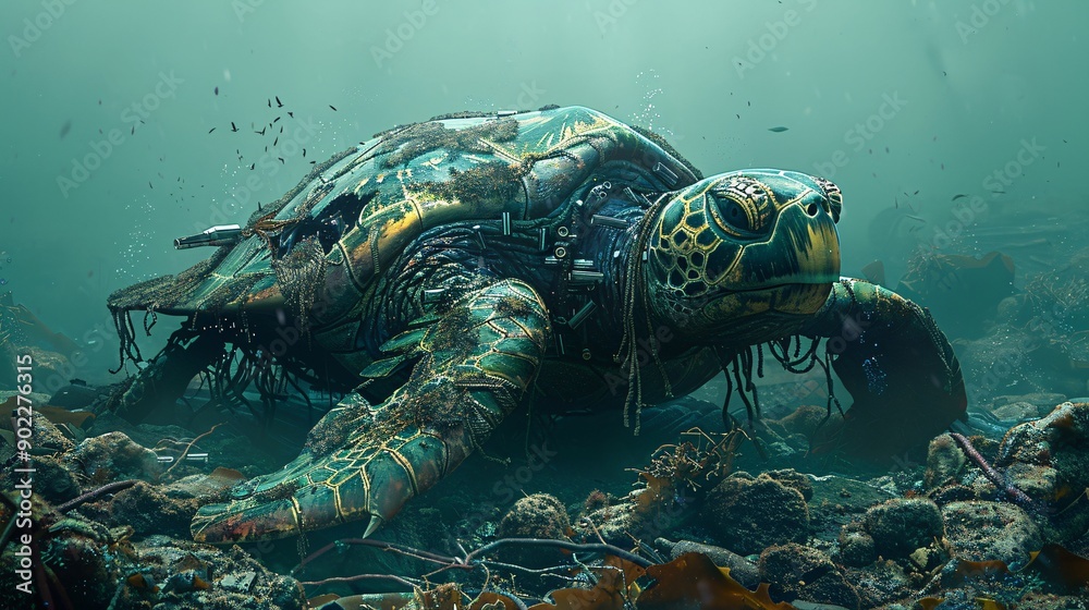 Poster detailed depiction of a sea turtle constructed from industrial runoff and metal scraps in a polluted