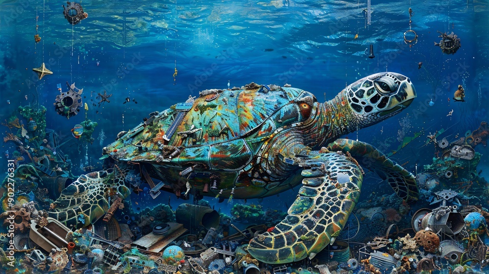 Poster detailed depiction of a sea turtle constructed from industrial runoff and metal scraps in a polluted