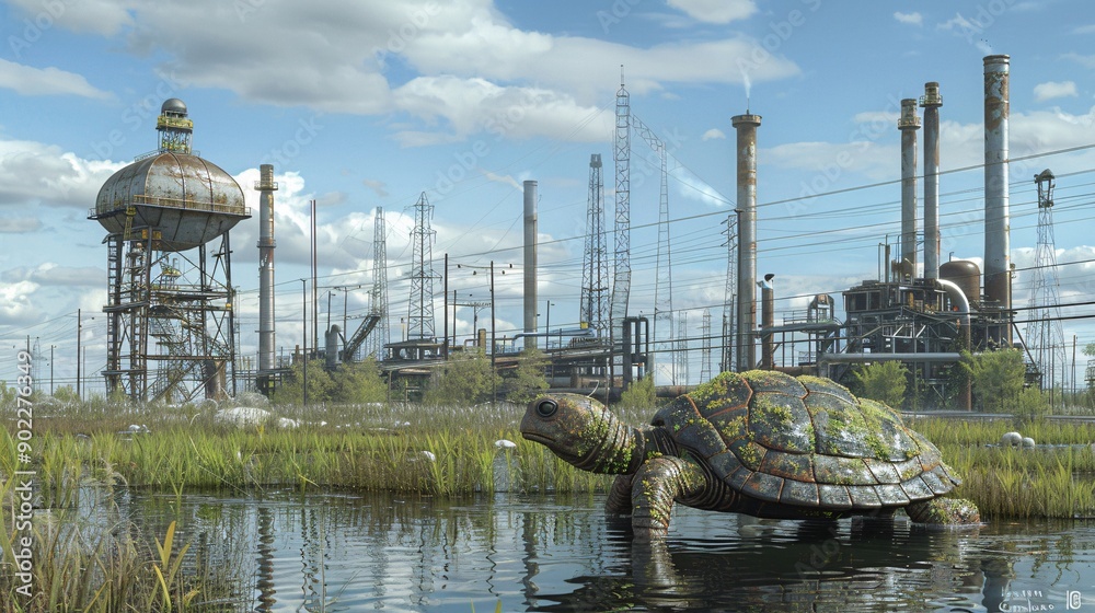 Poster detailed depiction of a sea turtle constructed from industrial runoff and metal scraps in a polluted