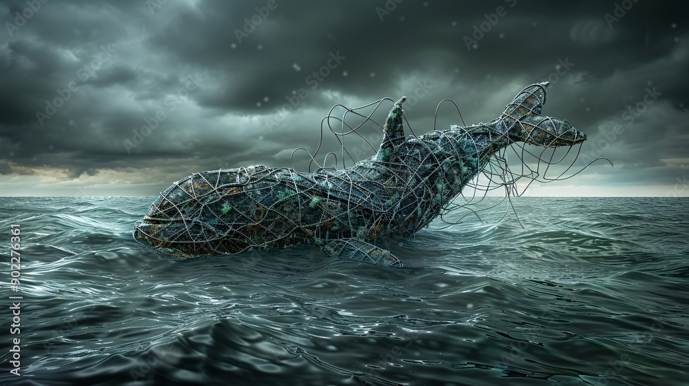 Poster high-resolution shot of a whale with a body formed from tangled fishing nets and discarded tires swi