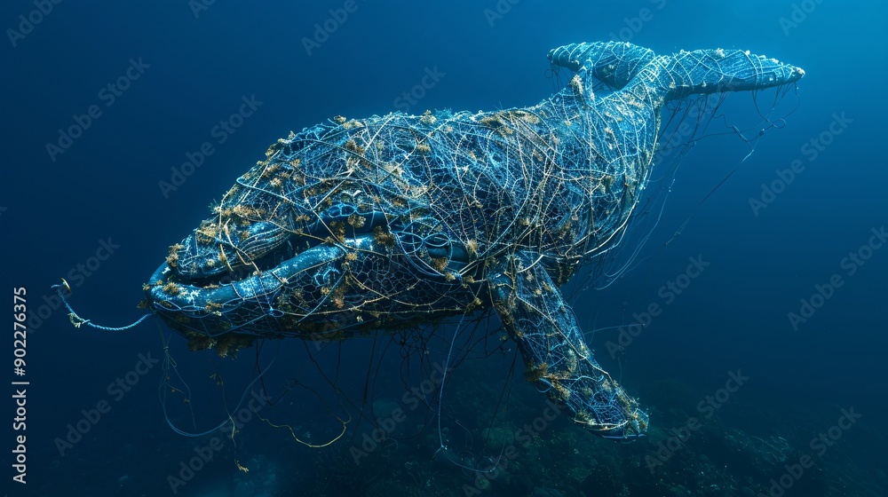 Poster high-resolution shot of a whale with a body formed from tangled fishing nets and discarded tires swi