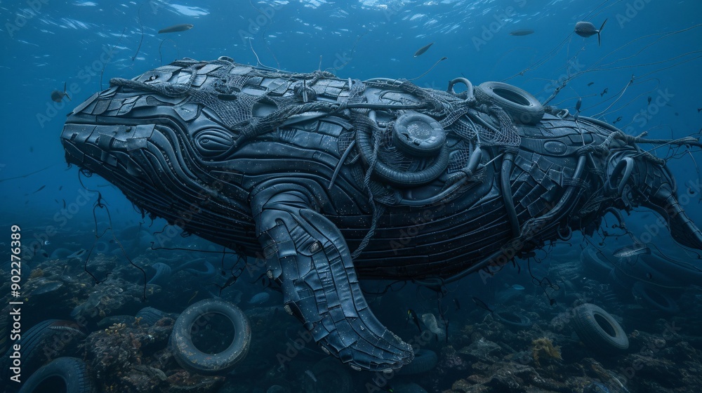 Poster high-resolution shot of a whale with a body formed from tangled fishing nets and discarded tires swi
