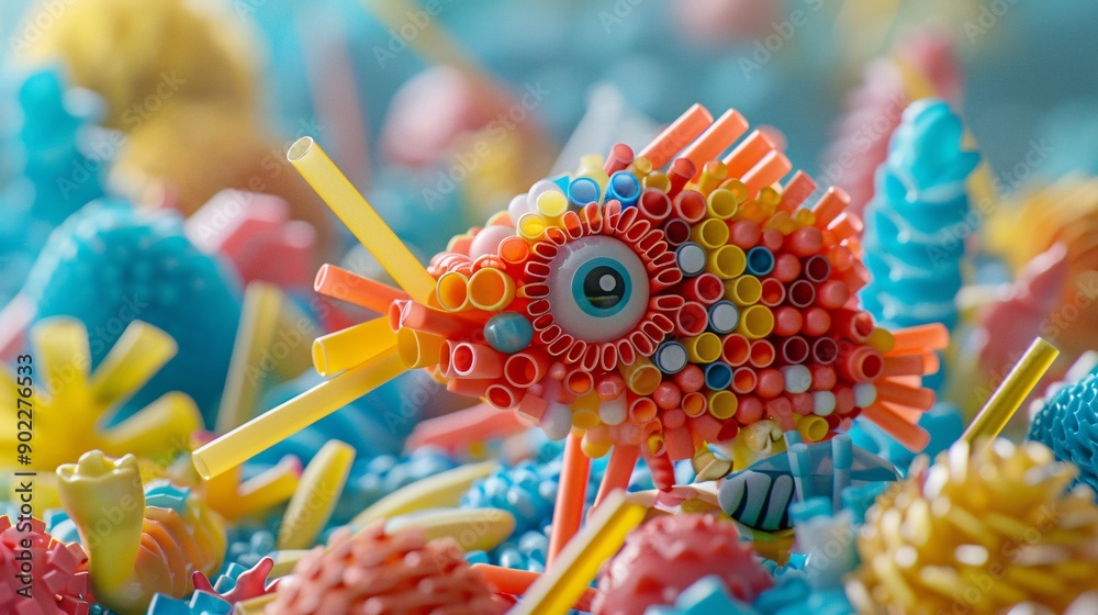 Aufkleber dreamlike image of a fish composed of plastic straws and microplastics floating in an eerie, contami