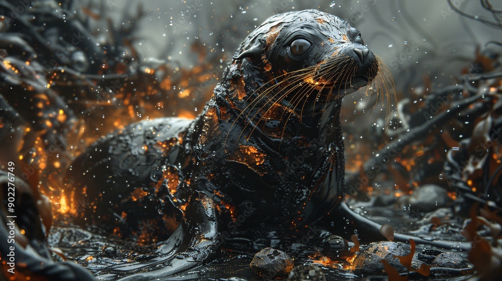 Poster high-detail capture of a sea lion constructed from oil spills and rusted metal swimming near the oce