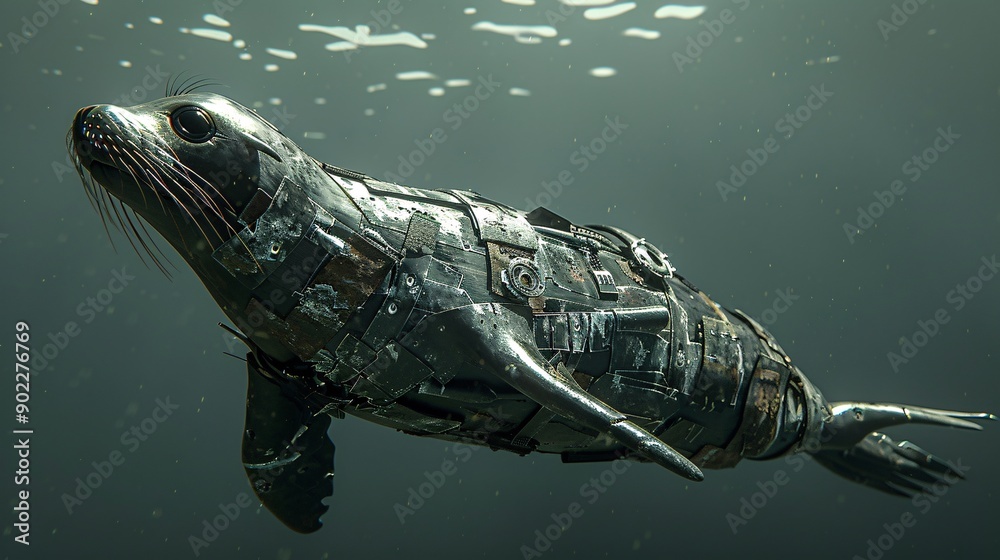 Poster high-detail capture of a sea lion constructed from oil spills and rusted metal swimming near the oce