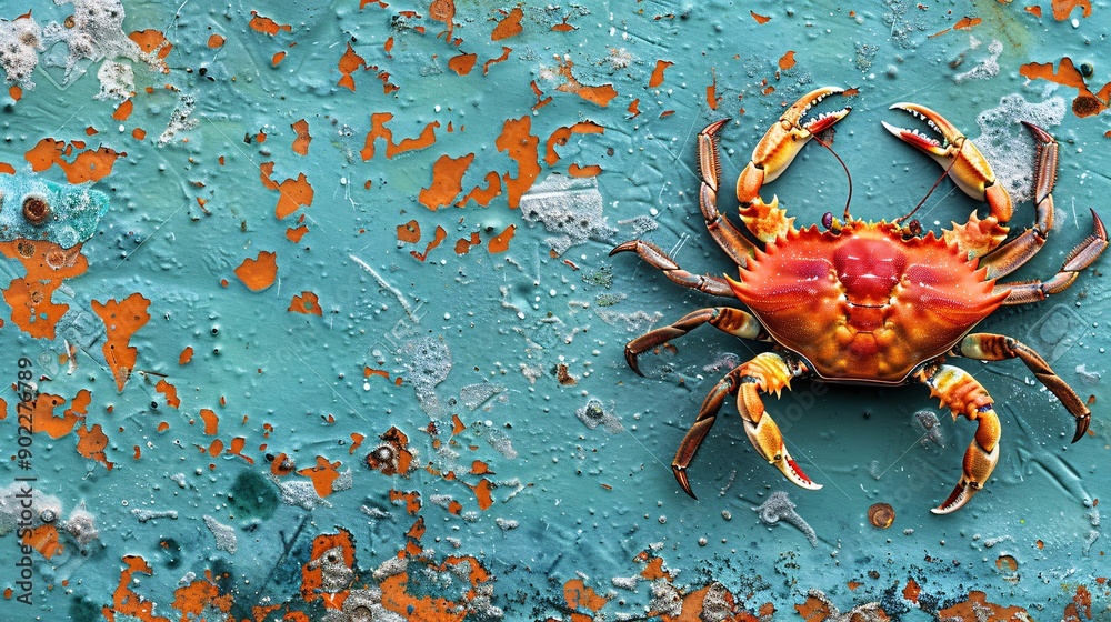 Poster Eerie scene of a crab with claws made from broken glass and soda cans crawling on a polluted seabed with significant empty space on the right side of the image Stock Photo with copy space