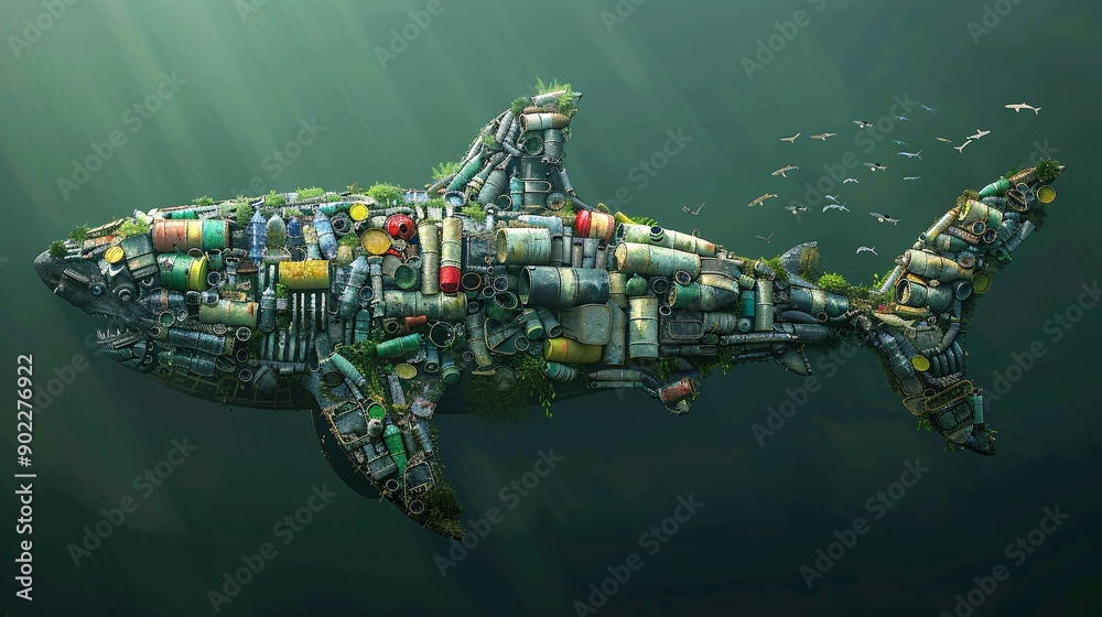 Poster Detailed image of a shark composed of chemical barrels and plastic packaging in a dark, polluted ocean leaving ample empty space on the left side of the image Stock Photo with copy space