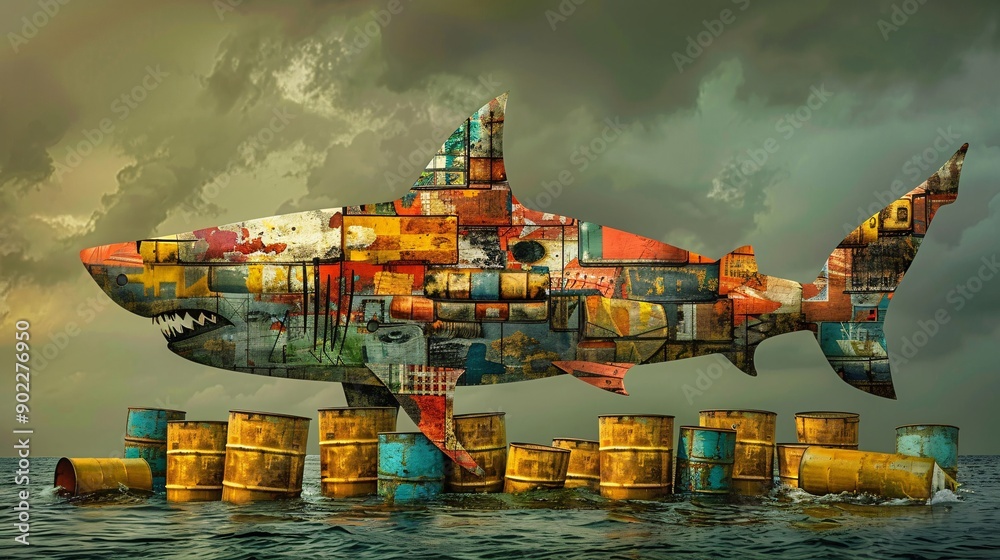 Poster detailed image of a shark composed of chemical barrels and plastic packaging in a dark, polluted oce