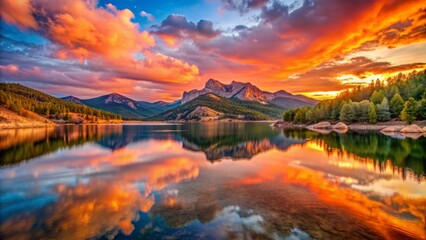 Vibrant orange and pink hues of wildfires-tinged sunrise reflect off the calm waters of Eagle Nest State Lake, surrounded by rugged New Mexico mountains.
