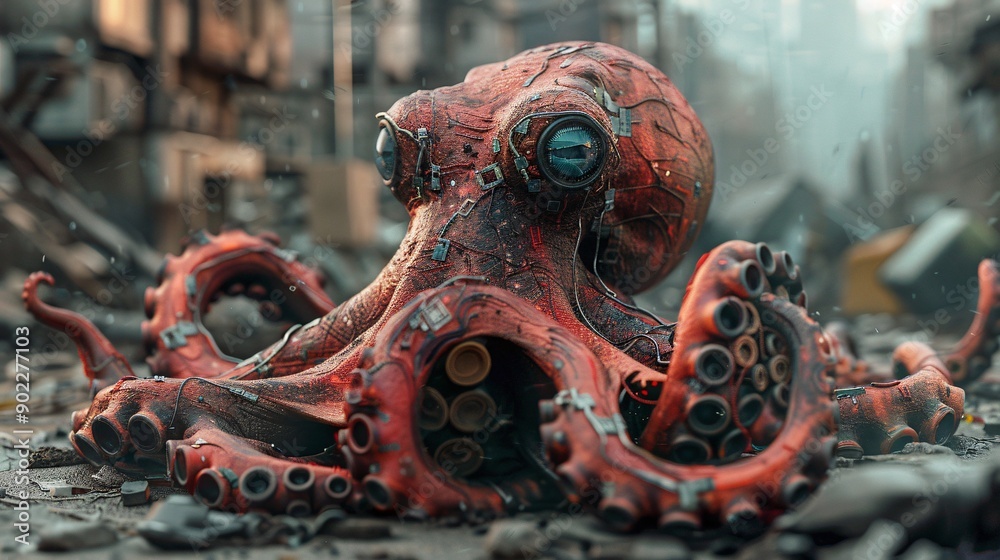 Fototapete High-resolution depiction of an octopus with tentacles formed from tangled wires and discarded electronics in a contaminated underwater scene ensuring significant empty space around the edges Stock