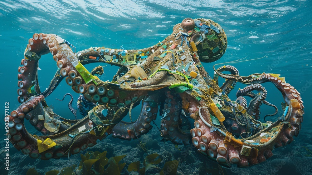 Poster High-resolution depiction of an octopus with tentacles formed from tangled wires and discarded electronics in a contaminated underwater scene ensuring significant empty space around the edges Stock