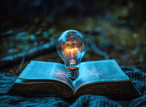 A light bulb is on top of a book. The scene is mysterious and intriguing