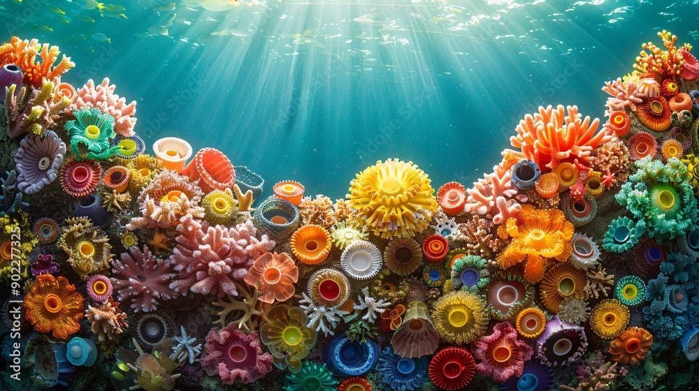 Poster detailed depiction of a coral reef constructed from bottle caps and plastic utensils in a haunting u