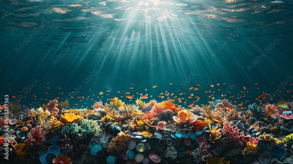 Poster detailed depiction of a coral reef constructed from bottle caps and plastic utensils in a haunting u