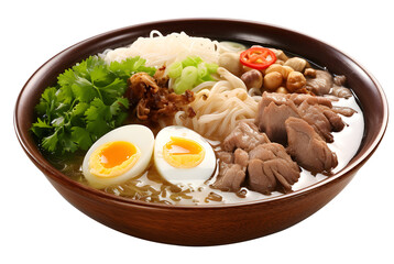 A bowl of Chinese rice noodles, clear soup, topped with pieces of Braised beef slices quail eggs, garnished with lettuce and some peanuts on top, transparent background, black bowl
