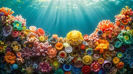 Detailed depiction of a coral reef constructed from bottle caps and plastic utensils in a haunting underwater environment leaving ample empty space on the left side of the image Stock Photo with copy