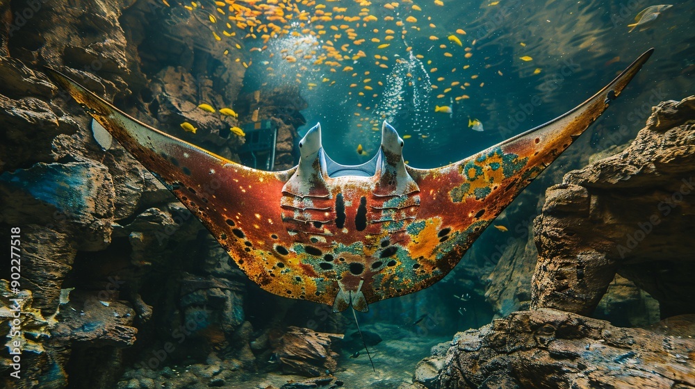 Poster high-resolution shot of a manta ray with wings made from discarded fabrics and chemical waste swimmi