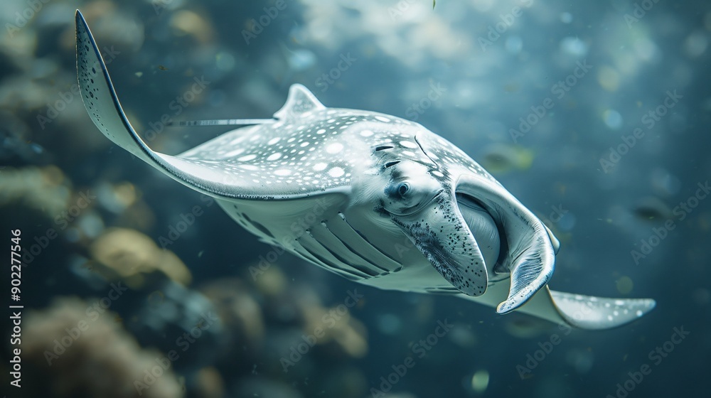 Poster high-resolution shot of a manta ray with wings made from discarded fabrics and chemical waste swimmi
