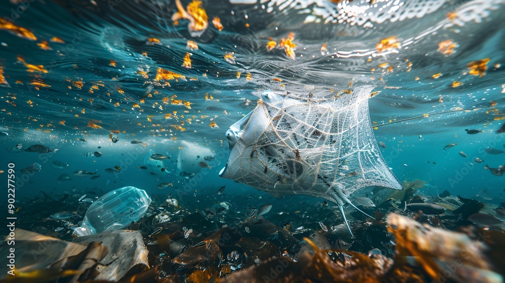 Poster high-resolution shot of a manta ray with wings made from discarded fabrics and chemical waste swimmi