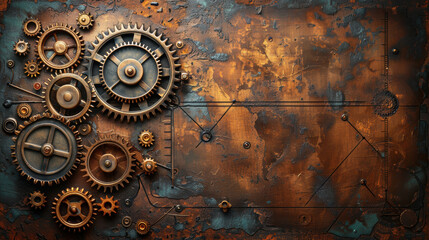 Fototapeta premium A vintage looking piece of artwork with a lot of gears and numbers. The gears are all different sizes and are arranged in a circular pattern. The artwork has a vintage and industrial feel to it