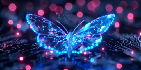 A digital butterfly featuring microchip wings, symbolizing tech metamorphosis.