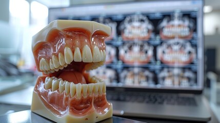 Obraz premium Dental implant model placed next to a computer screen displaying dental X-rays in a clinic