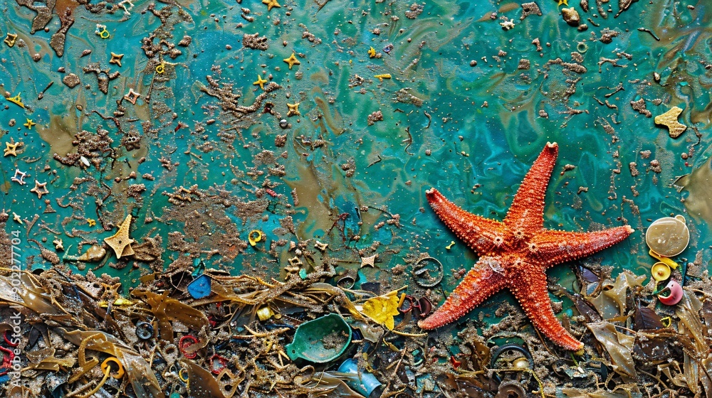 Fototapete dreamlike image of a starfish composed of plastic rings and fishing line resting on a polluted ocean