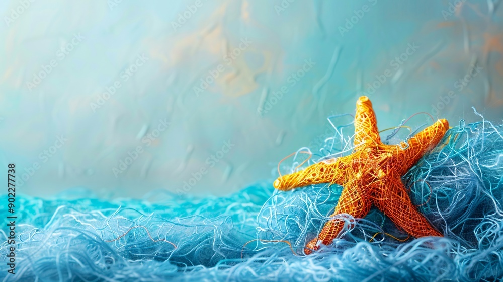 Poster Dreamlike image of a starfish composed of plastic rings and fishing line resting on a polluted ocean floor with significant empty space on the right side of the image Stock Photo with copy space