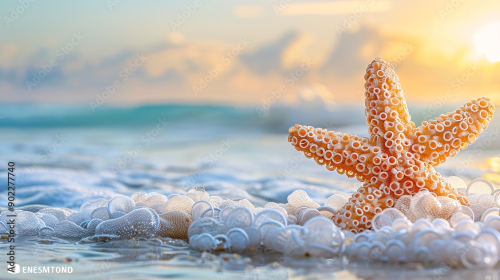 Poster dreamlike image of a starfish composed of plastic rings and fishing line resting on a polluted ocean