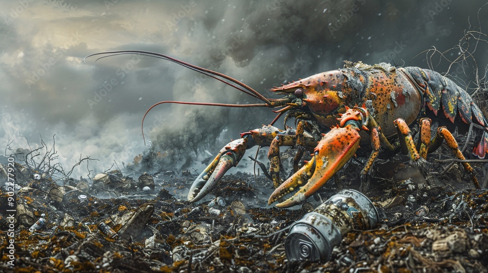Poster surreal illustration of a lobster with claws made from metal cans and industrial waste in a contamin