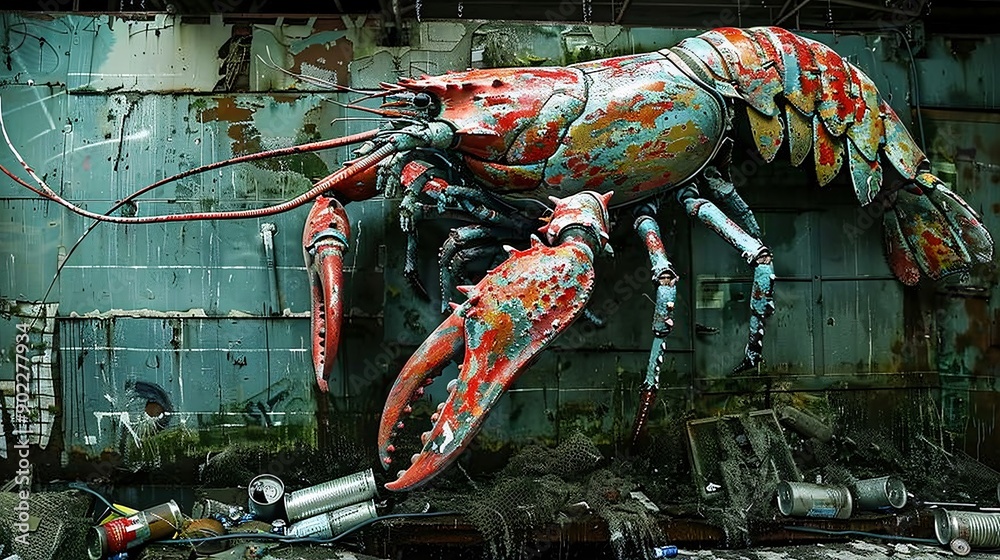 Poster Surreal illustration of a lobster with claws made from metal cans and industrial waste in a contaminated underwater scene leaving ample empty space on the left side of the image Stock Photo with copy