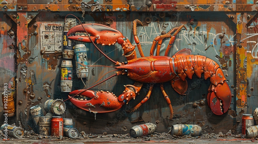 Poster Surreal illustration of a lobster with claws made from metal cans and industrial waste in a contaminated underwater scene leaving ample empty space on the left side of the image Stock Photo with copy