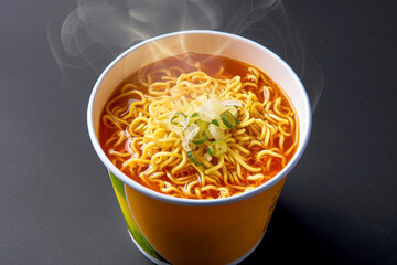 A cup of instant noodles with chopsticks on a black background.