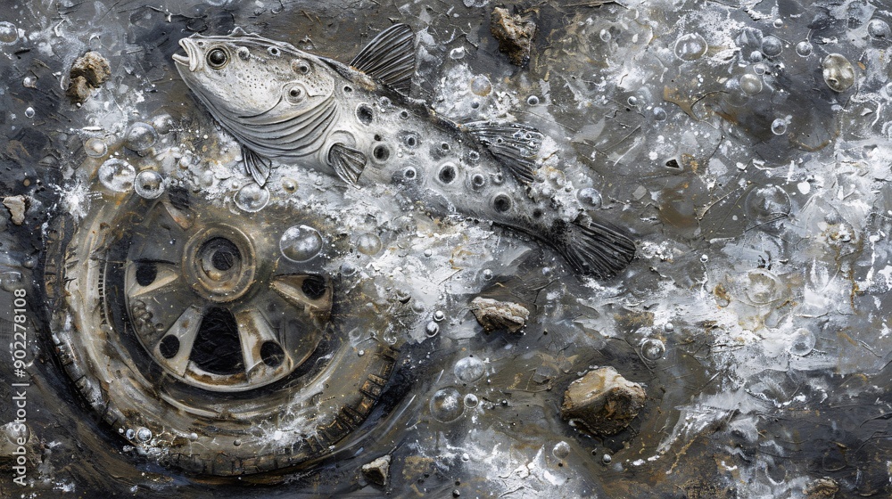 Poster high-detail capture of a pufferfish constructed from rubber tires and plastic fragments floating thr